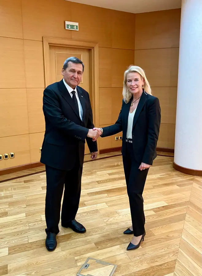 OSCE PA President Pia Kauma (Finland) meets with Rashid Meredov, Deputy Chairman of the Cabinet of Ministers and Minister of Foreign Affairs of Turkmenistan, 26 November 2024