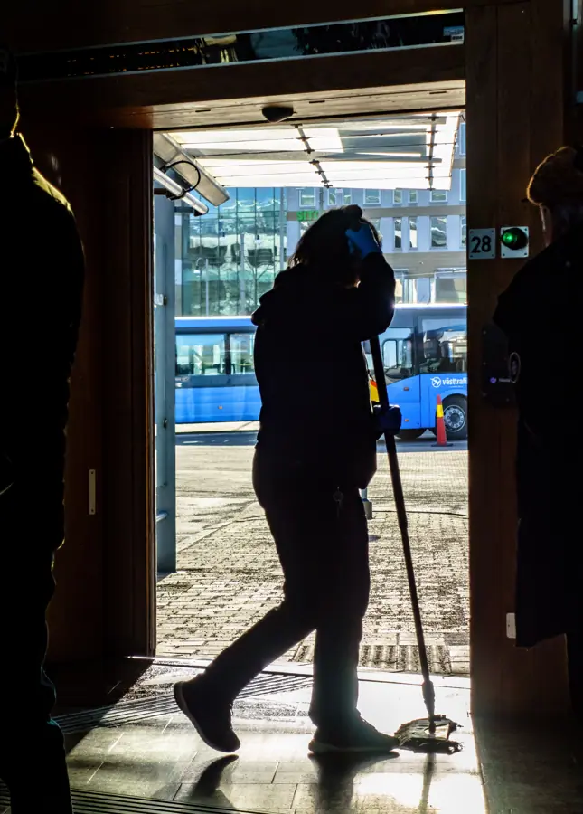 Woman cleaning bay 28 at the Nils Ericson bus terminal, Gothenburg
