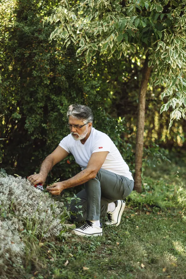 Gardening activity in a lush backyard with a man tending to plants