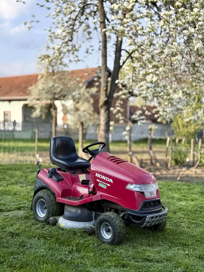 Lawn mowing with a red Honda riding mower under a tree in a garden undefined